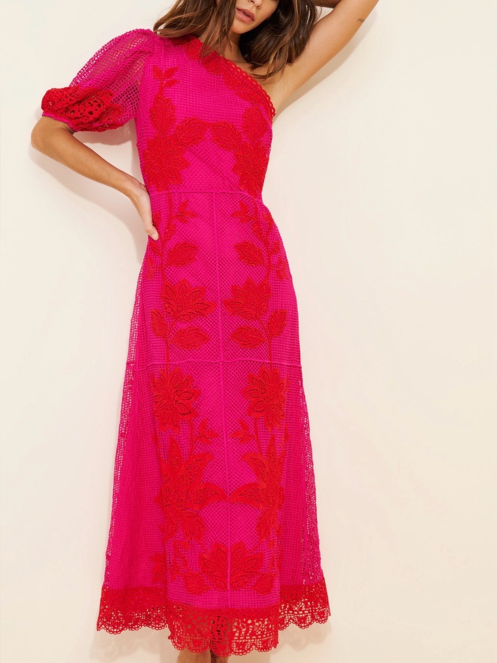FARM Rio One-Shoulder Pink Dress with Red Floral Lace